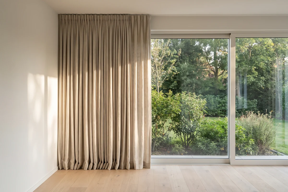 Curtains stacked open to one side of a wide sliding glass door