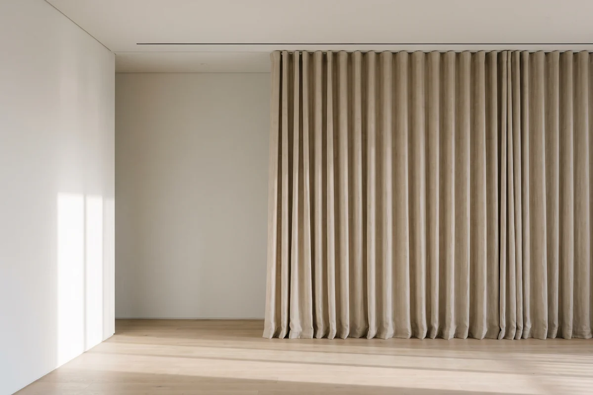 Curtains falling straight from a recessed ceiling track, with no visible hardware