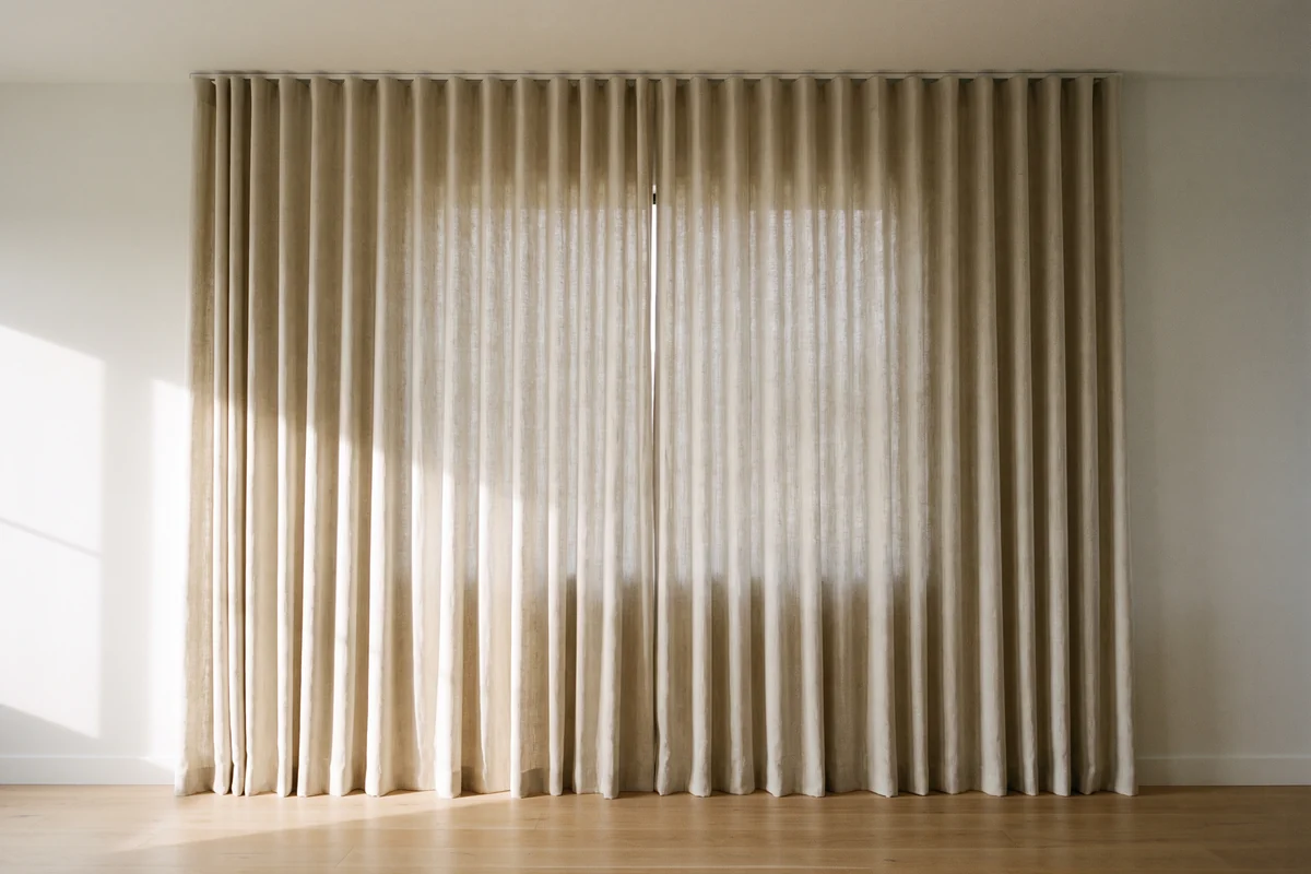 Curtains running the full width of a wall, floor to ceiling and well past the window opening