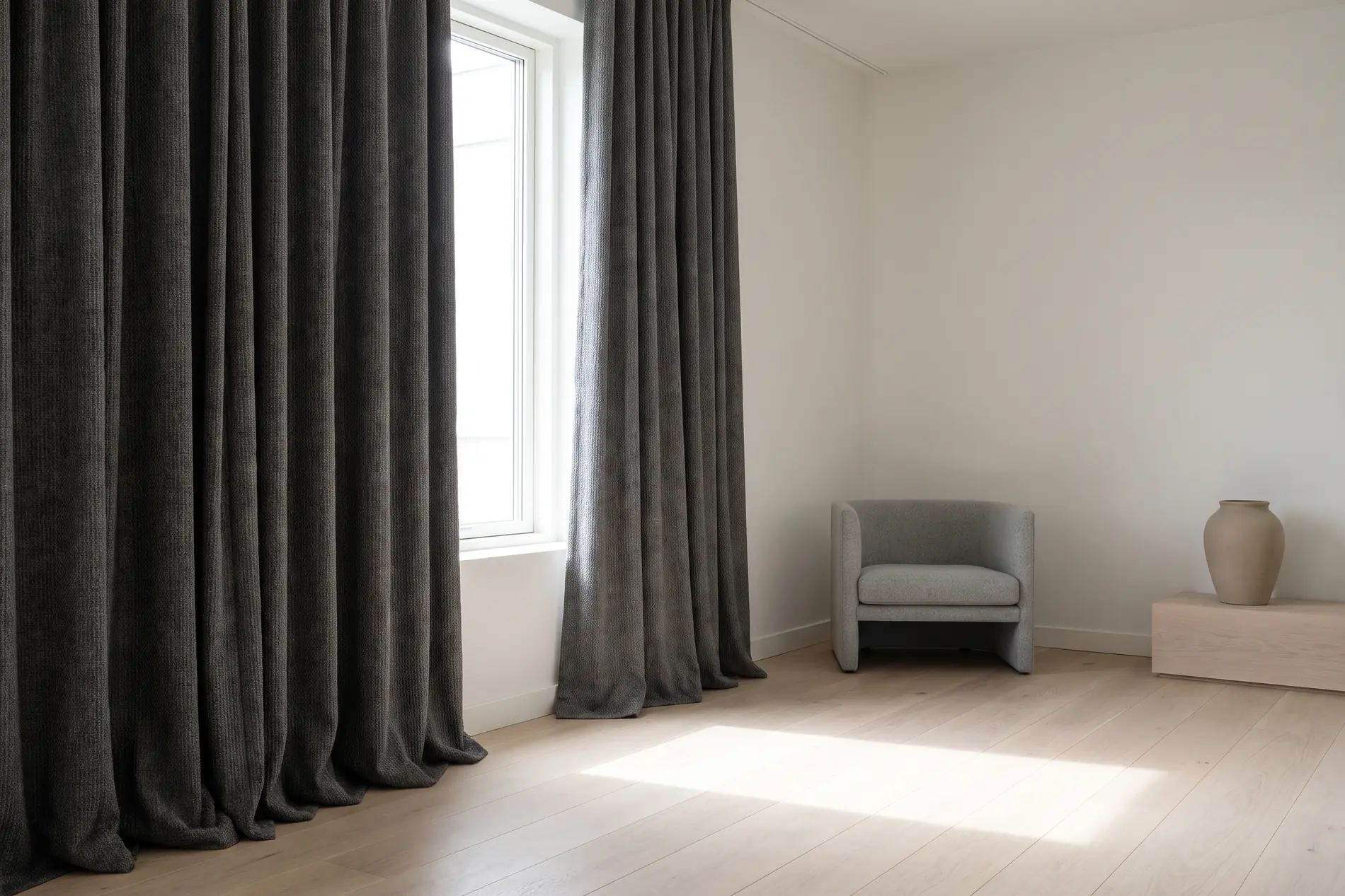 Curtains hung at a light-filled window