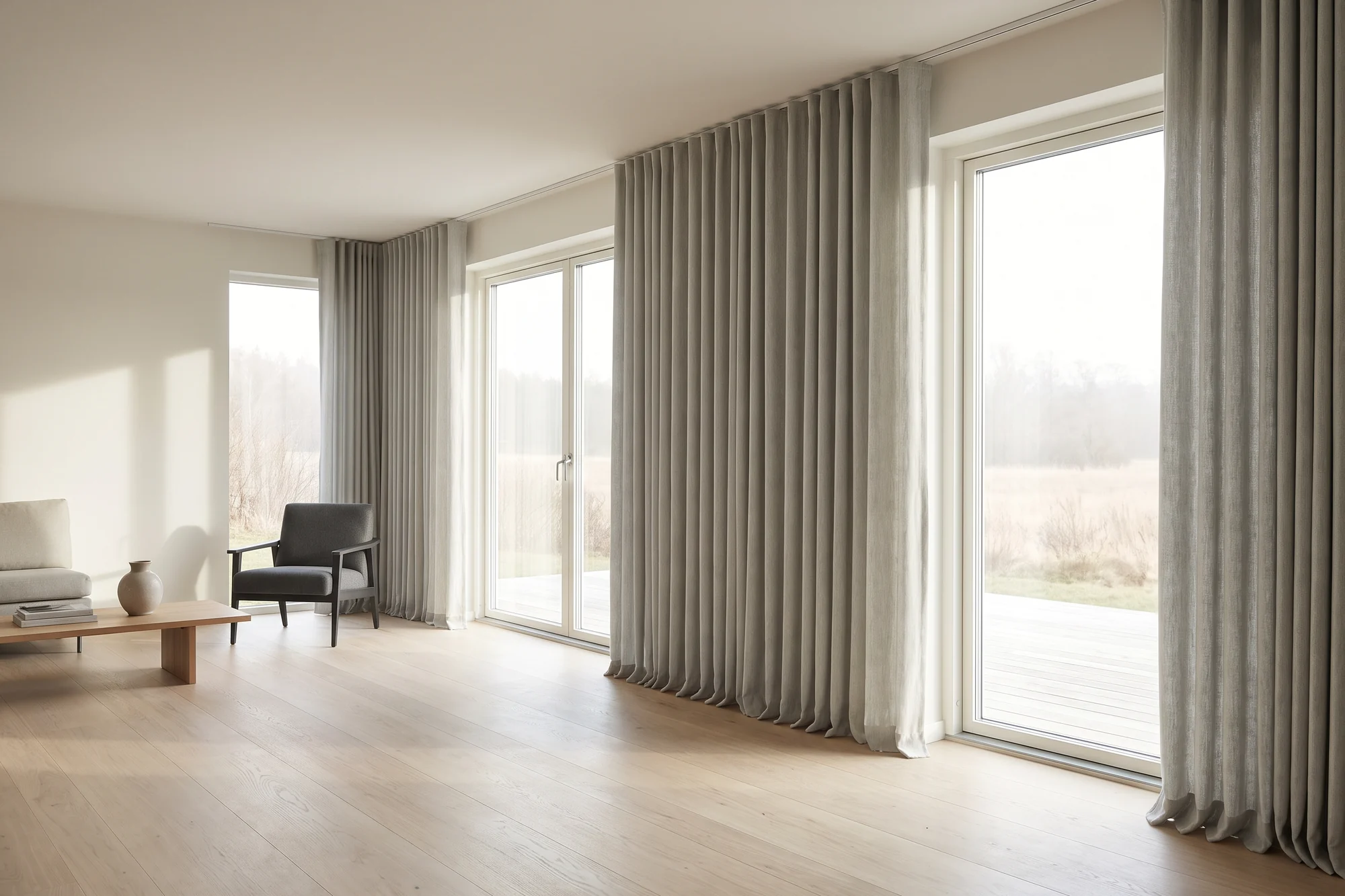 Custom curtains framing floor-to-ceiling windows in a luxury home