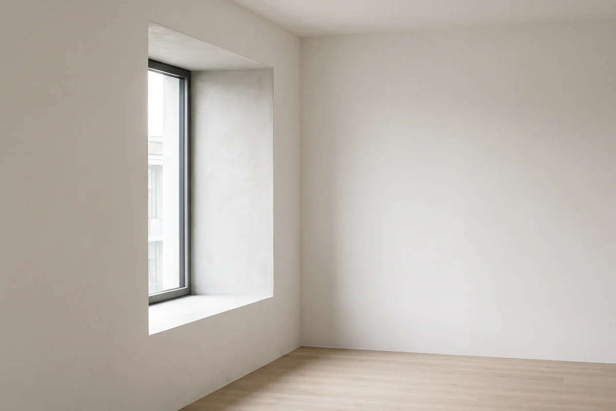 A deep plastered window reveal in an unfurnished room