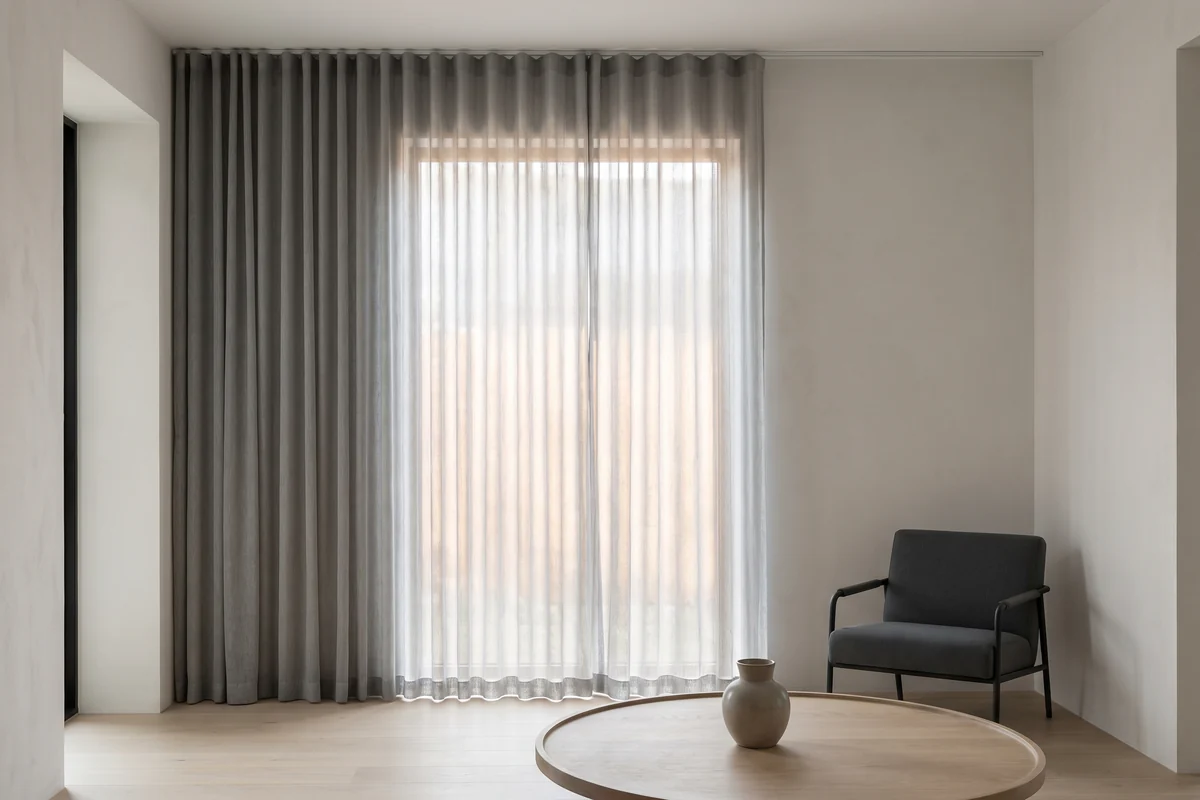 A sheer curtain drawn fully closed across a tall living room window, with heavier curtains stacked at each side