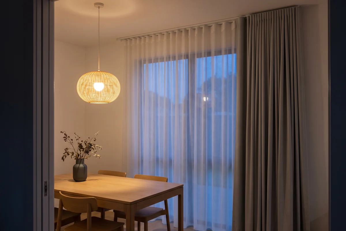 A dining room lit at dusk, with a sheer curtain drawn across the window and a heavier curtain stacked at the side