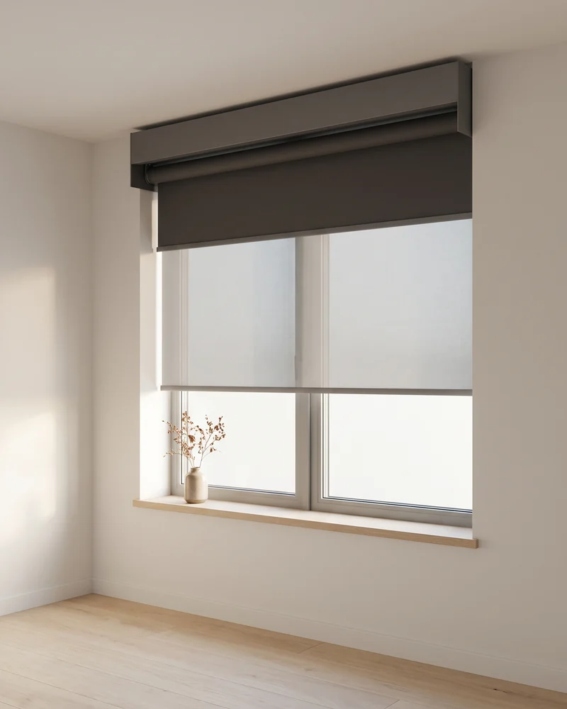 Double roller blind with the sunscreen lowered and the blockout rolled up on one shared bracket