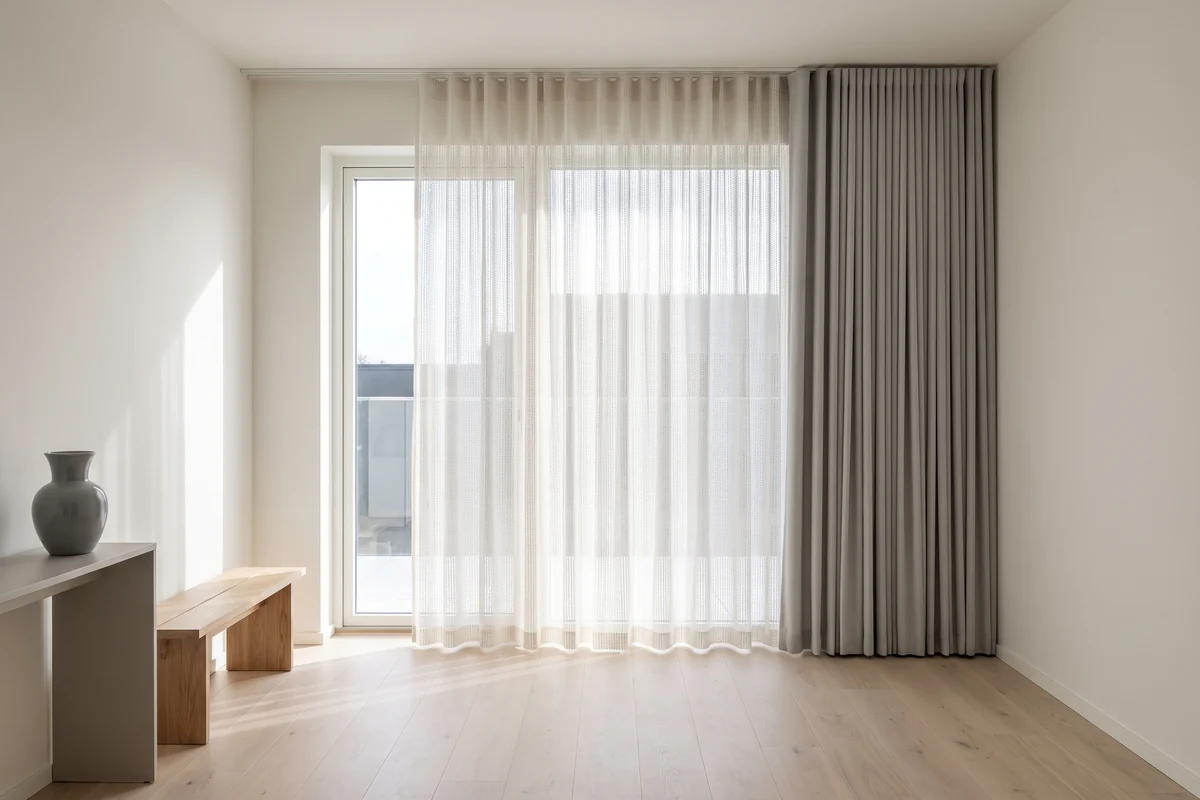 A sheer curtain and a blockout curtain hanging together at one window