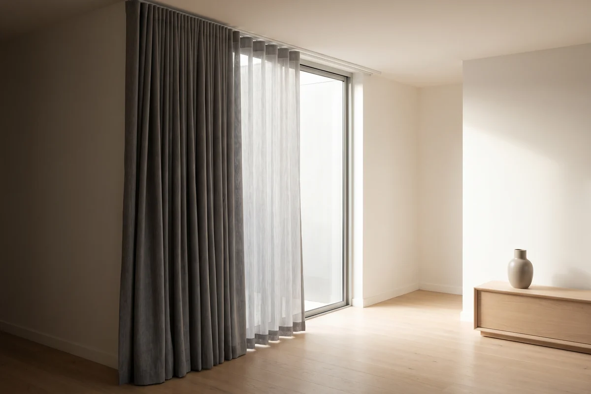 A sheer curtain drawn across a window with a blockout curtain stacked back beside it on a twin track