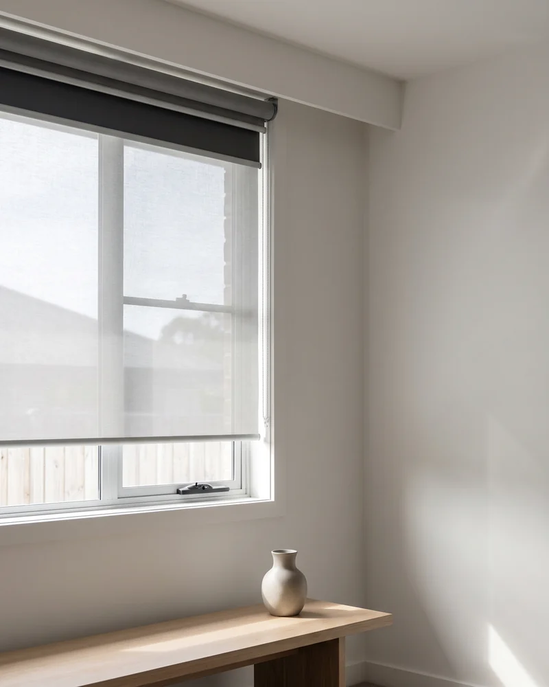 A dual roller blind with sunscreen and blockout fabrics on one bracket