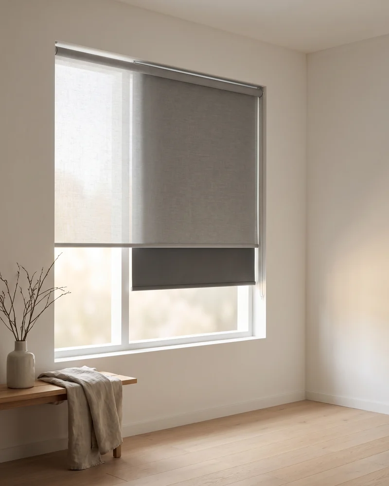 Dual roller blind combining sunscreen and blockout fabric