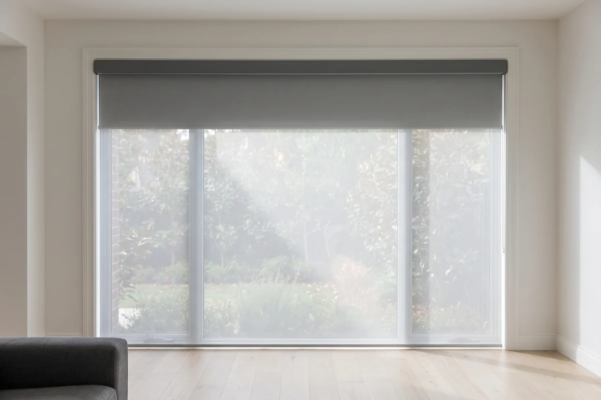 A dual roller blind on one headbox, the sunscreen fabric down and the blockout fabric rolled up behind it