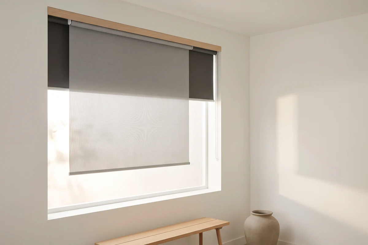 A dual roller blind with a sunscreen fabric in front and a blockout fabric behind it