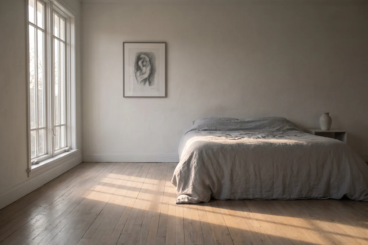 Early summer sunrise reaching an east-facing bedroom window