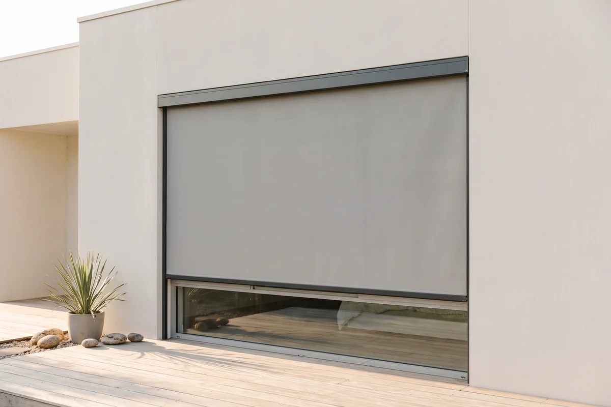 An outdoor blind lowered across a sunlit window, shading the glass from outside