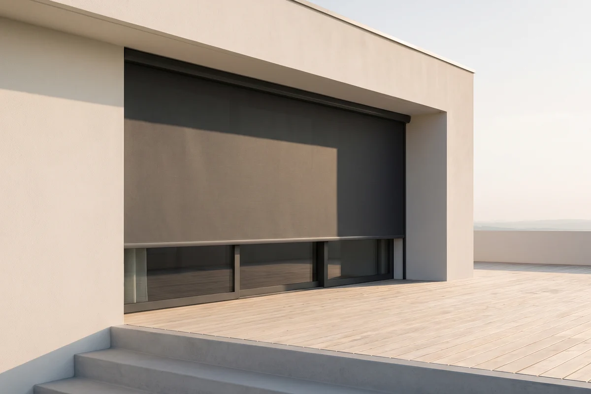 An outdoor blind lowered outside a window, shading the glass from direct sun