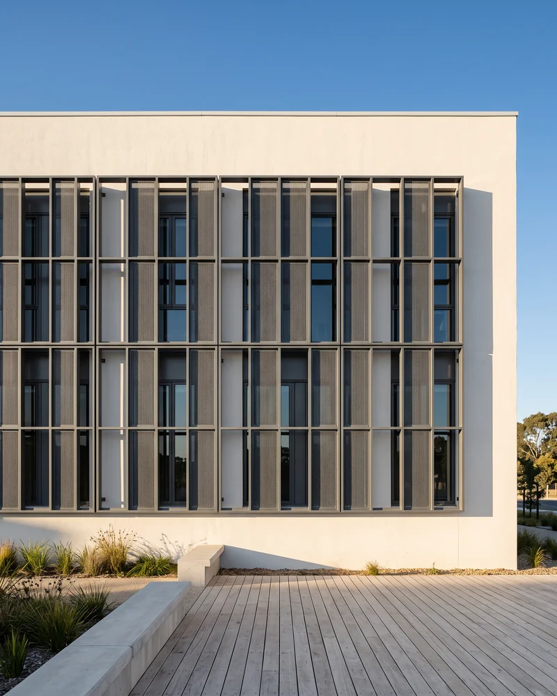 External sun screens fitted across a modern building facade