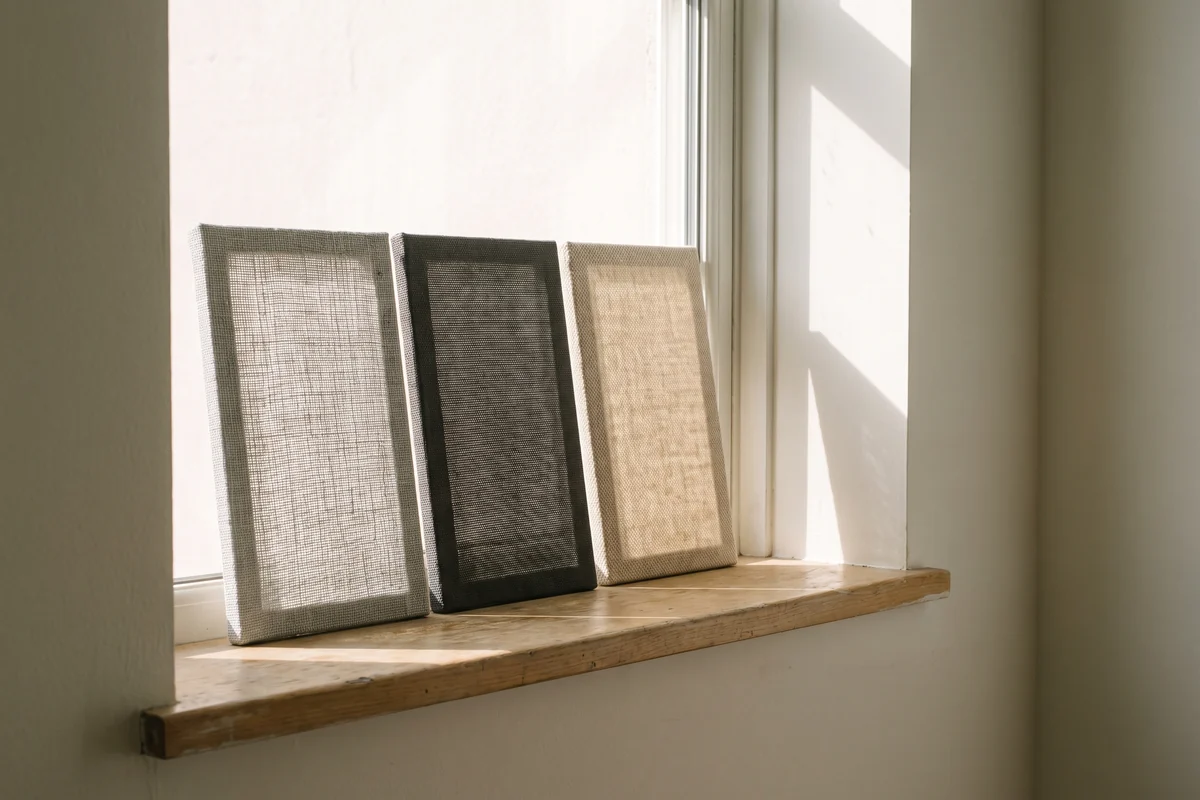 Fabric samples propped against a window to judge how much light passes through