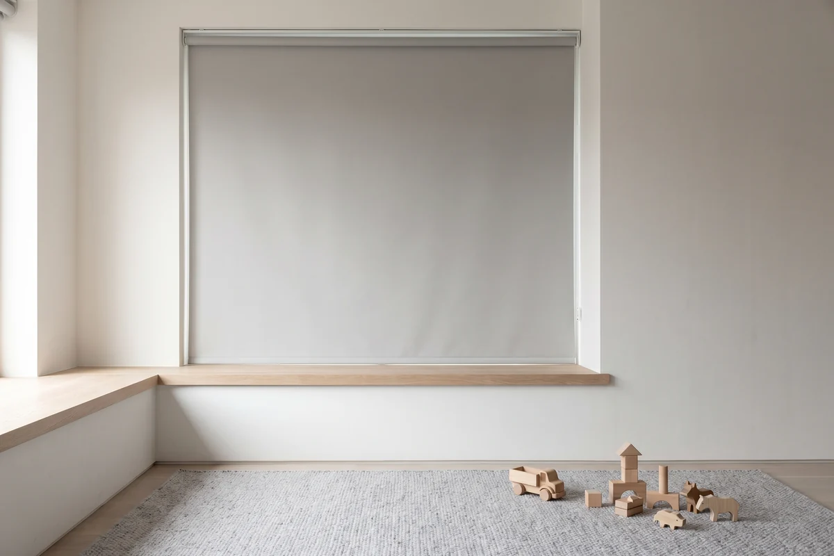 A low window sill in a family home, fitted with a cordless blind