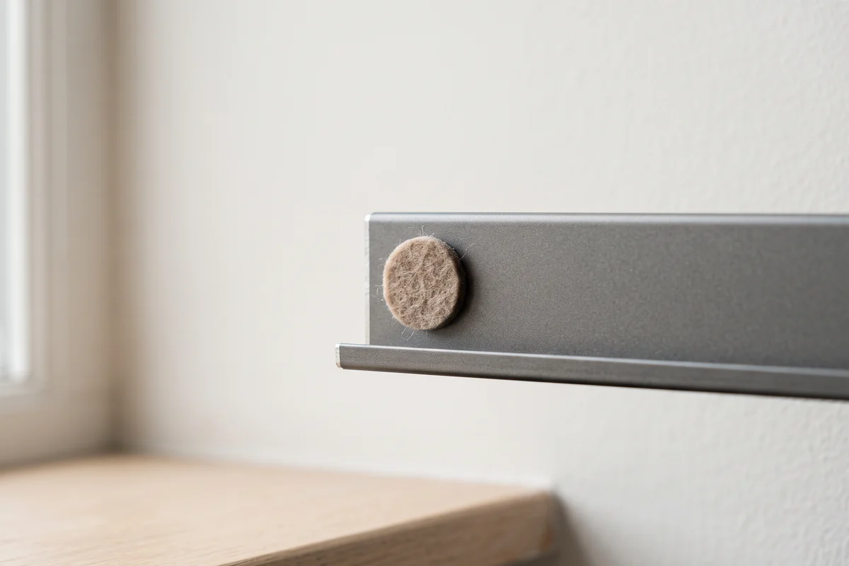 A small self-adhesive felt pad applied to the back of a blind bottom rail