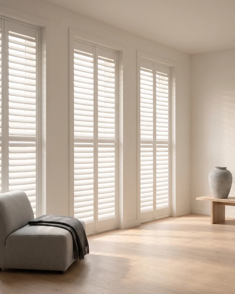 Fixed shutter panels across three tall living room windows