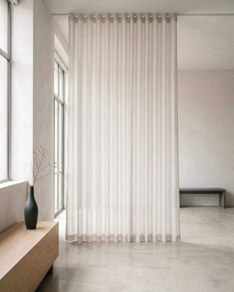 A sheer S fold curtain running the full height of a tall room in one uninterrupted drop