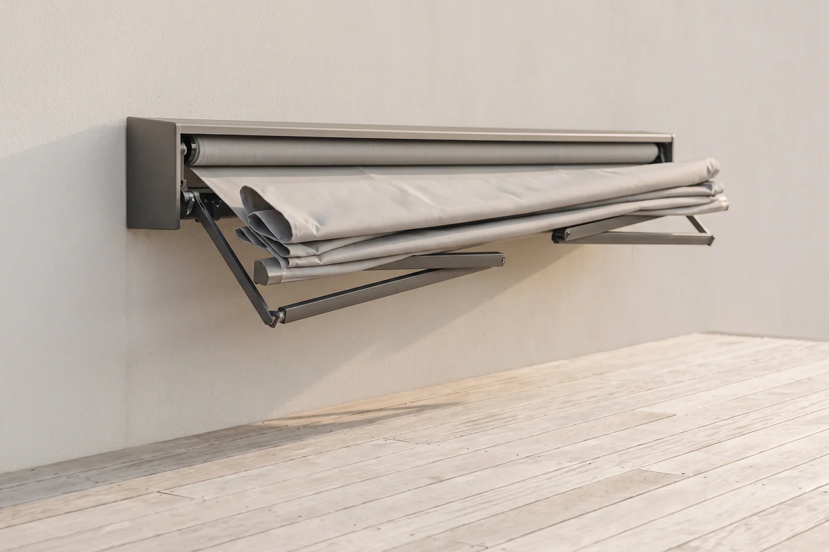 A folding arm awning half retracted, its arms folding back toward the wall cassette