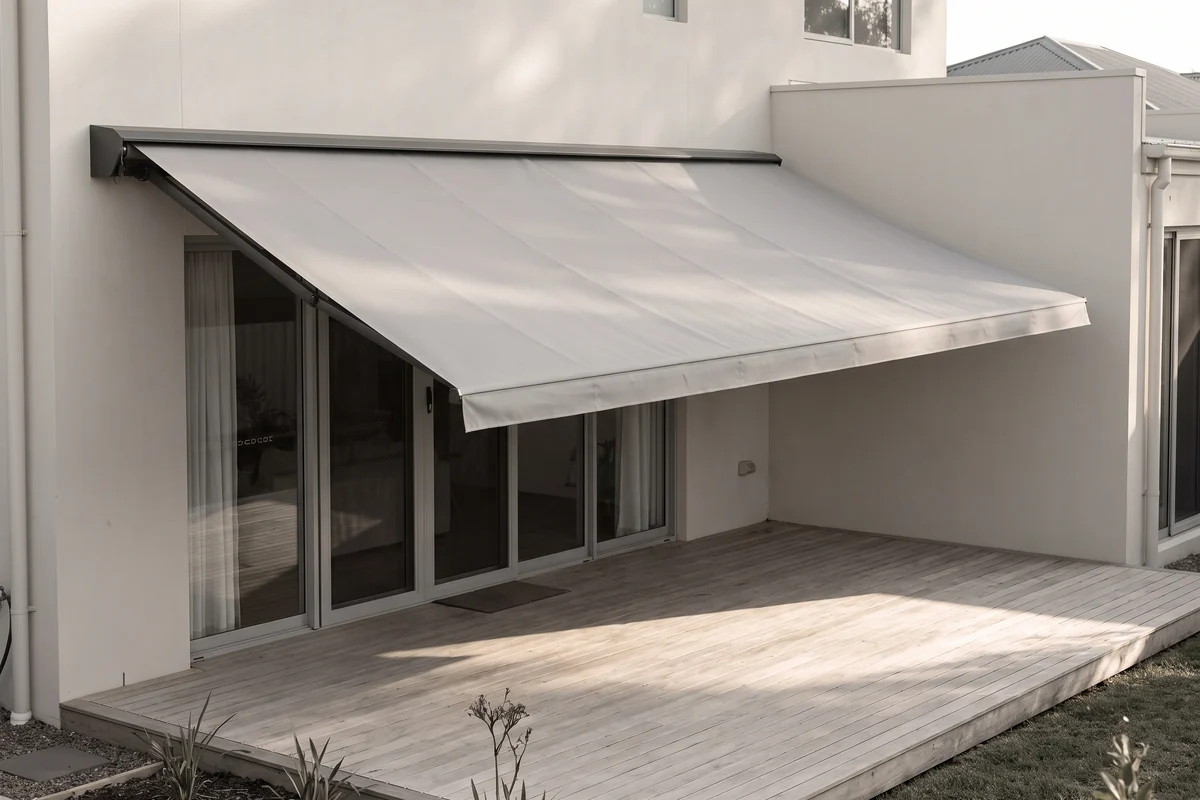 A folding arm awning extended from a house wall, shading a timber deck below