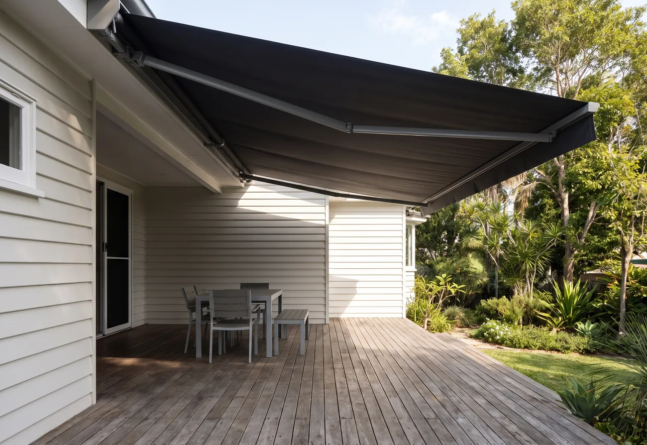 A folding-arm awning shading a rear terrace