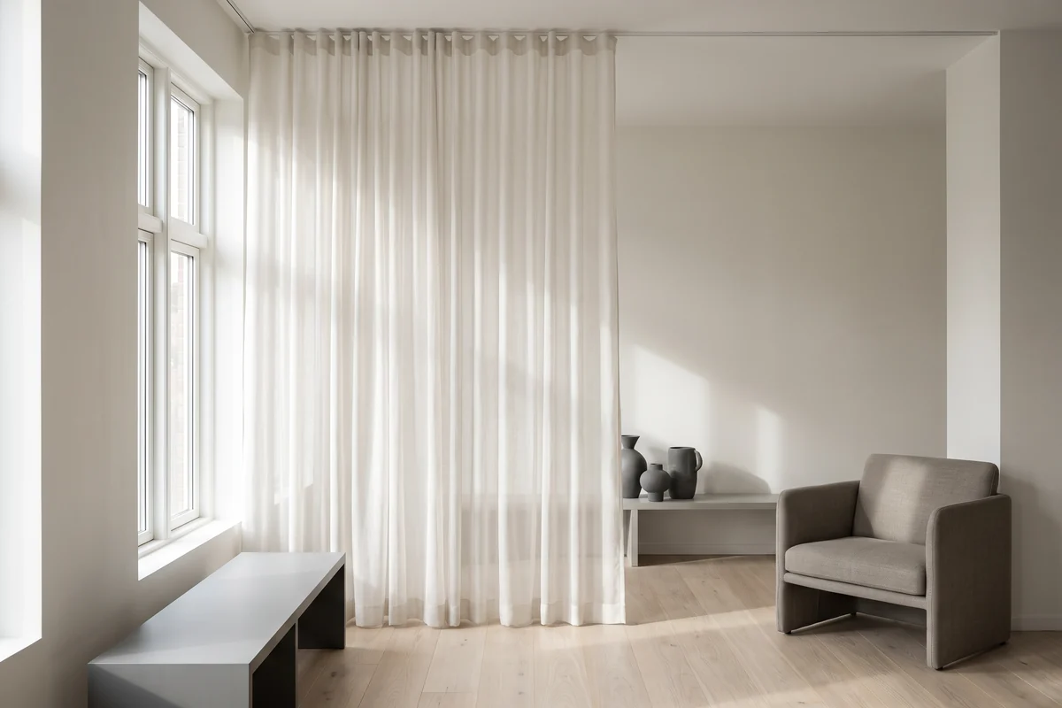 A full-height sheer curtain running from ceiling to floor without a seam