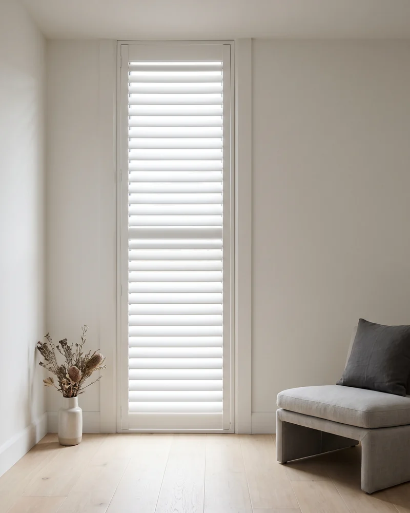One full-height shutter panel closing a window from floor to ceiling