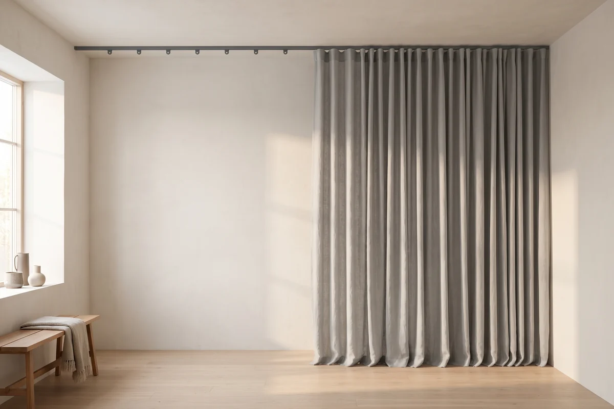 Full-length curtains hanging from evenly spaced carriers on a ceiling track, one panel drawn back