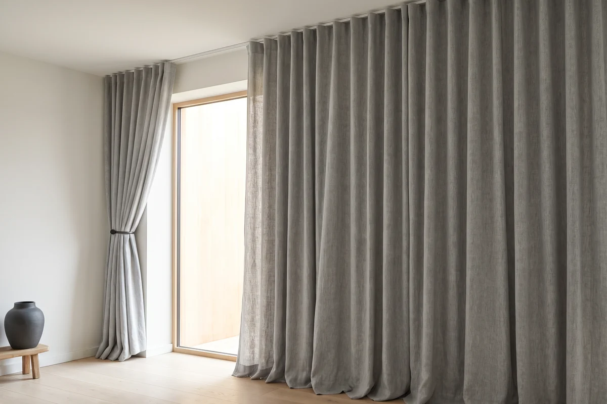 Floor-length curtains hung from a ceiling track beside a tall window