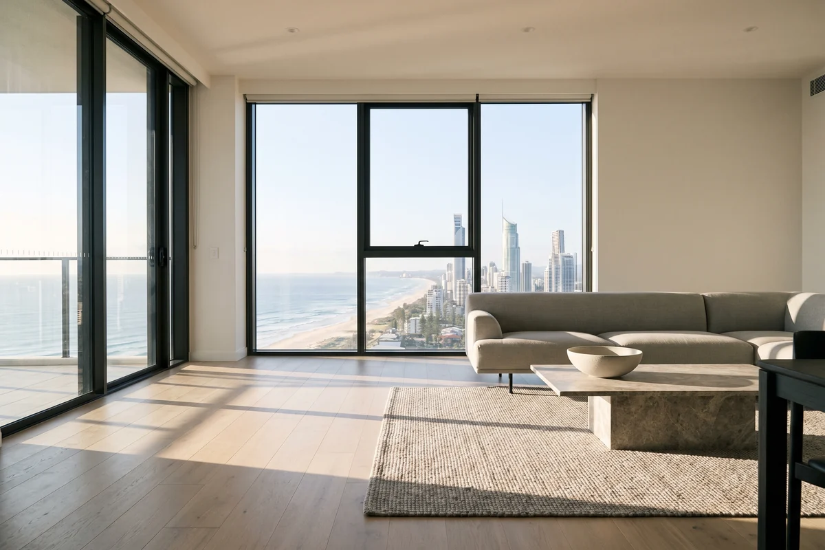 Gold Coast apartment living room with large east-facing windows