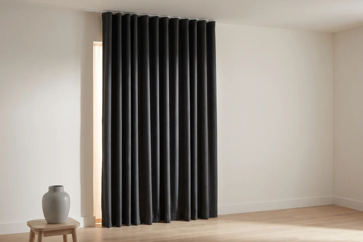 A bedroom with deep-toned blockout curtains drawn most of the way across the window