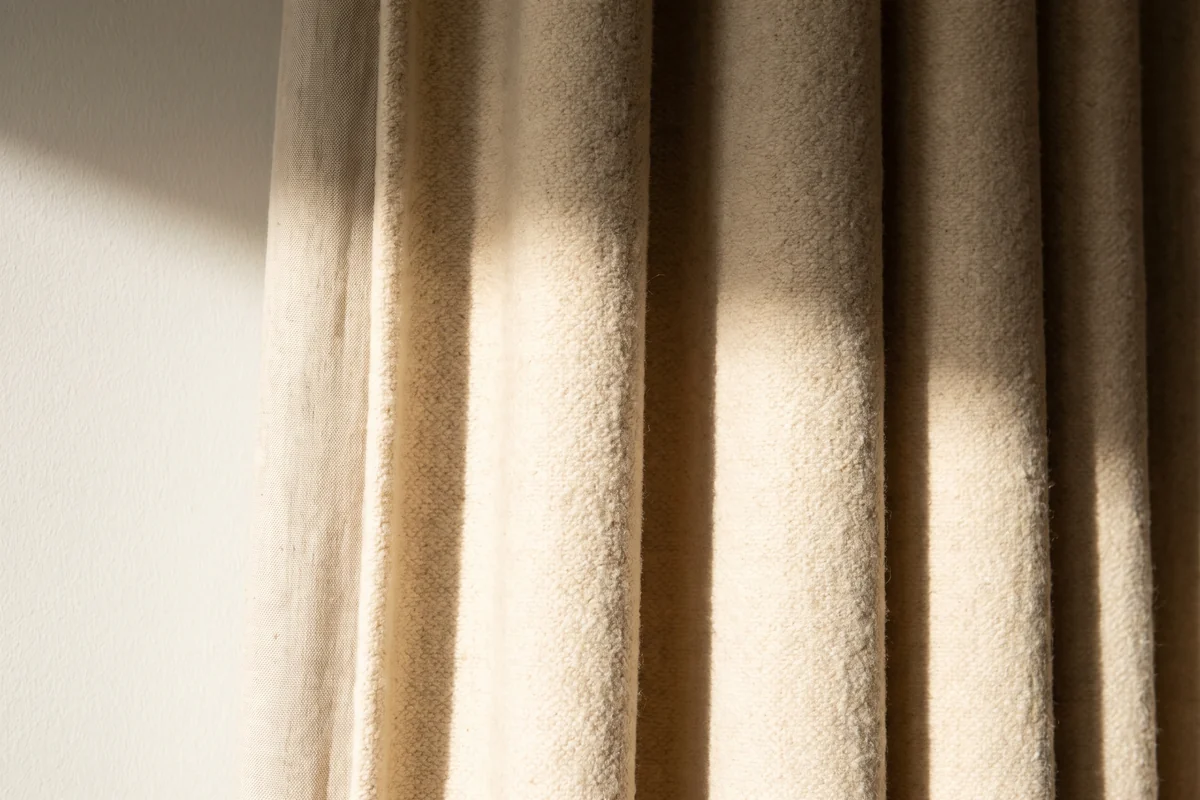 Close detail of a heavy interlined curtain, raking light showing the thickness of the folds