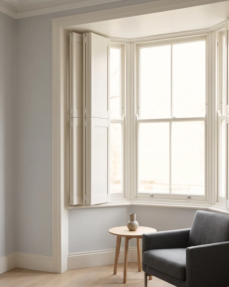 Hinged shutter panels folded open at a bay window