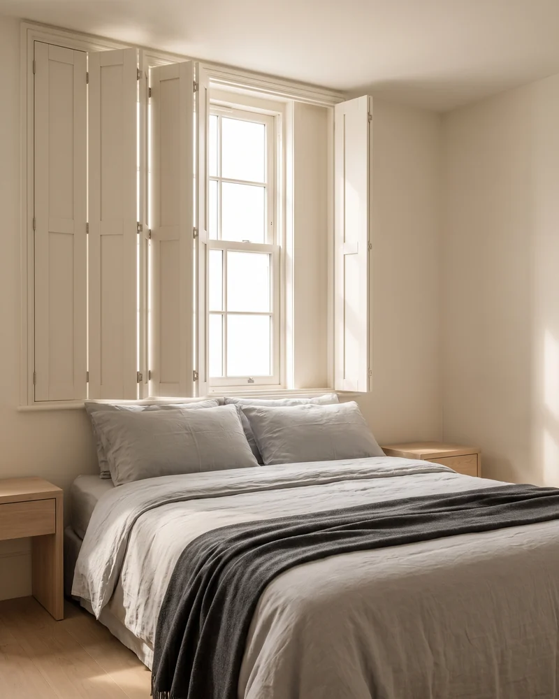 Hinged shutter panels opened back from a bedroom window