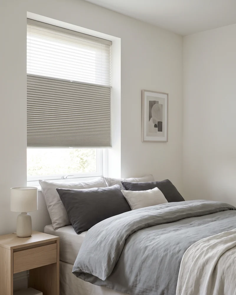 A honeycomb blind in a bedroom