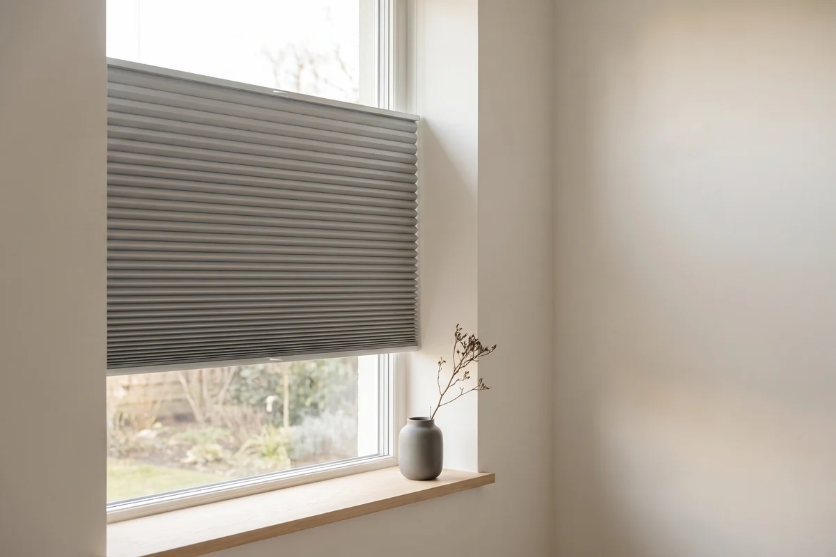 A honeycomb blind partly lowered across a window in soft daylight