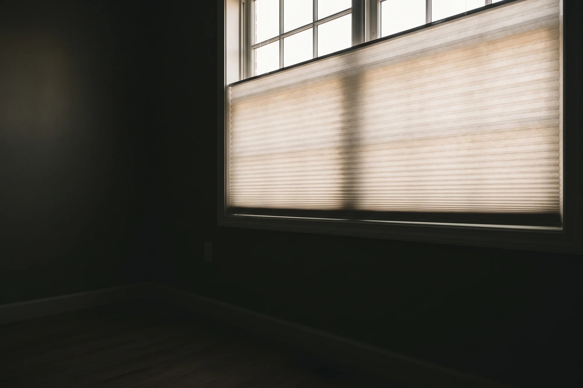 A honeycomb blind partly lowered across a window in soft daylight