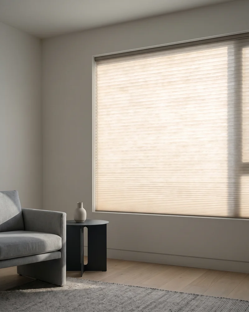 A honeycomb blind on a west-facing window