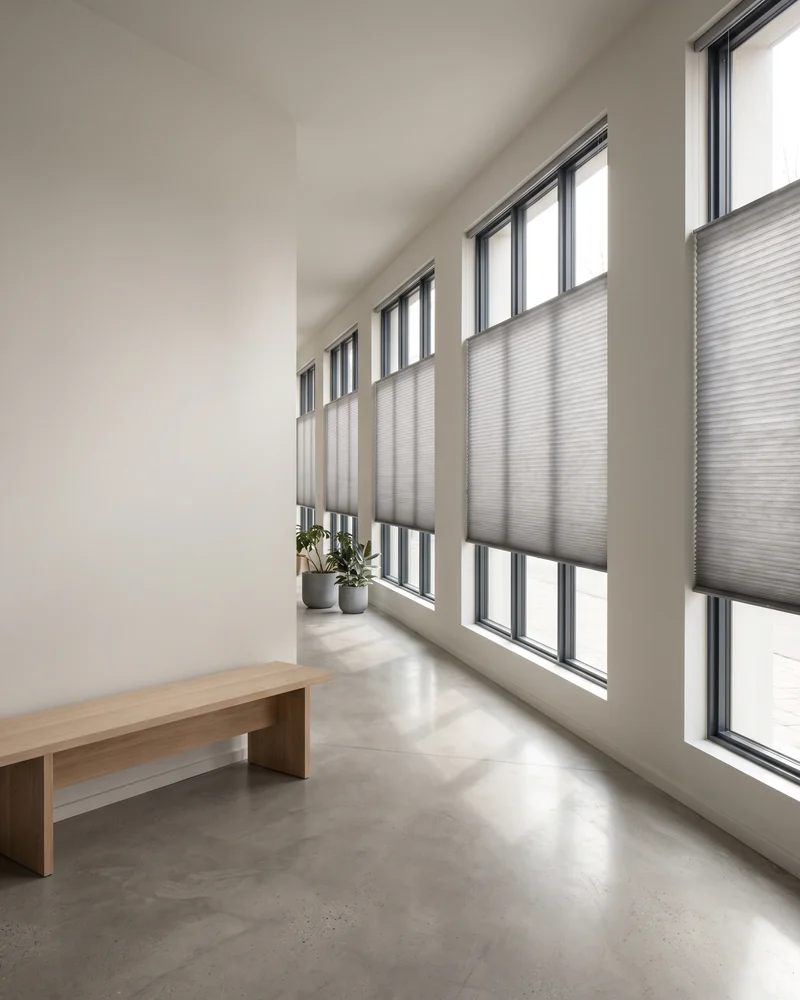 Honeycomb blinds across a commercial interior