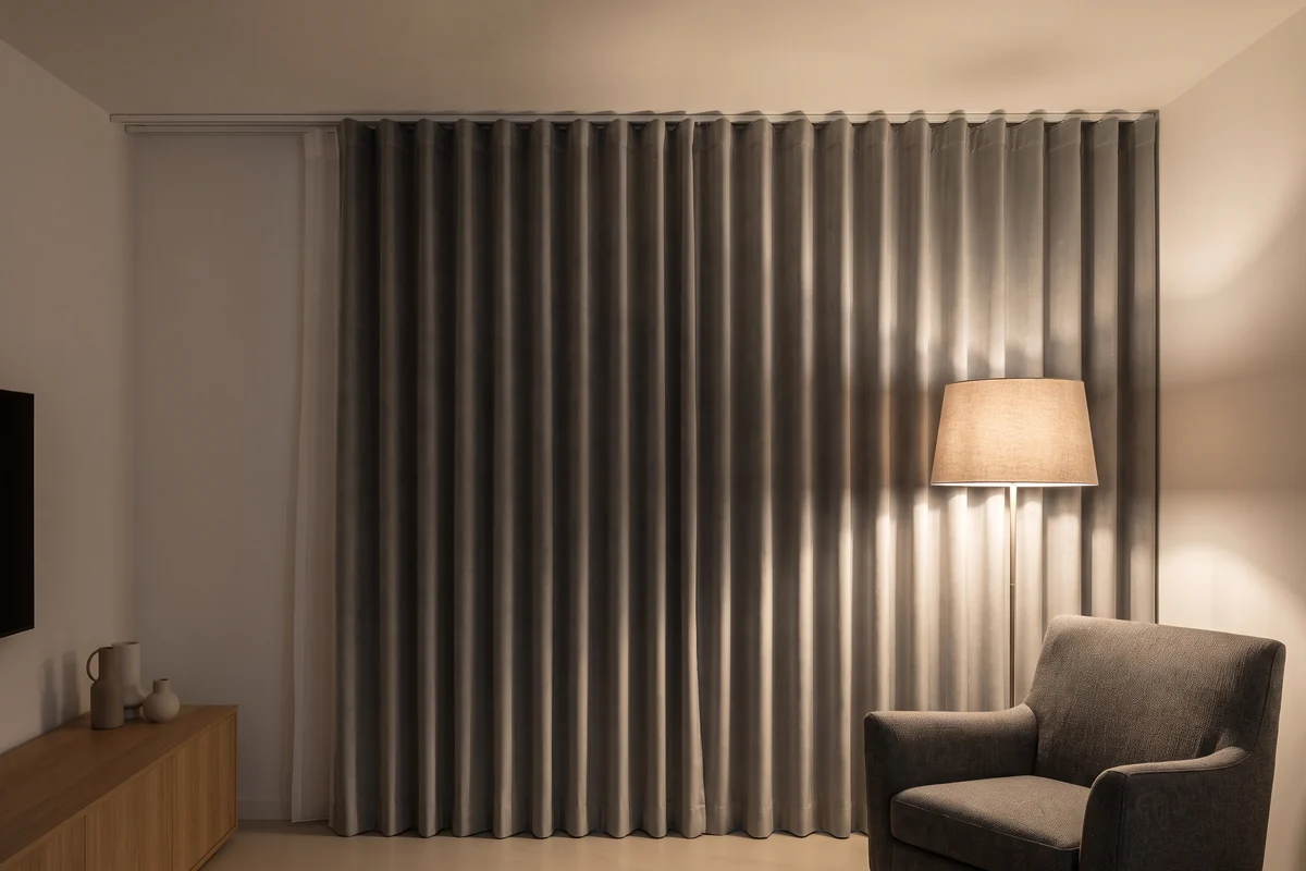 A lamp-lit living room at night with a heavier curtain drawn over a sheer on a twin ceiling track