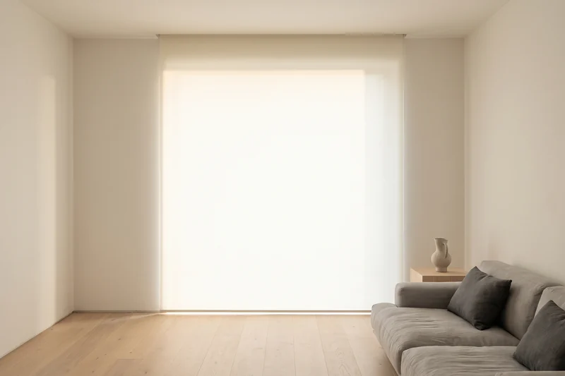 A light filtering blind glowing with daylight across a wide living room window, with nothing outside showing through