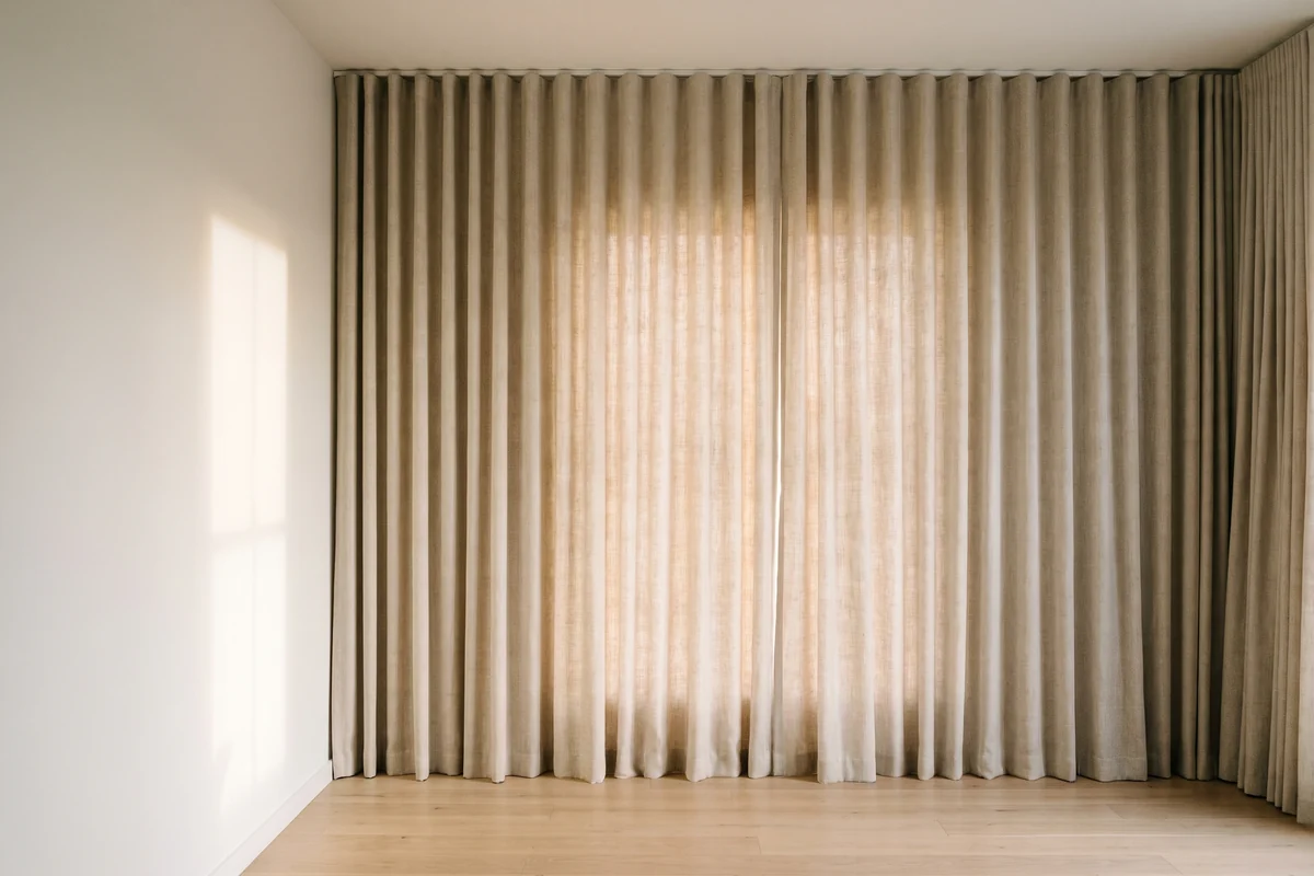 Lined curtains drawn fully closed, daylight glowing faintly through the weave