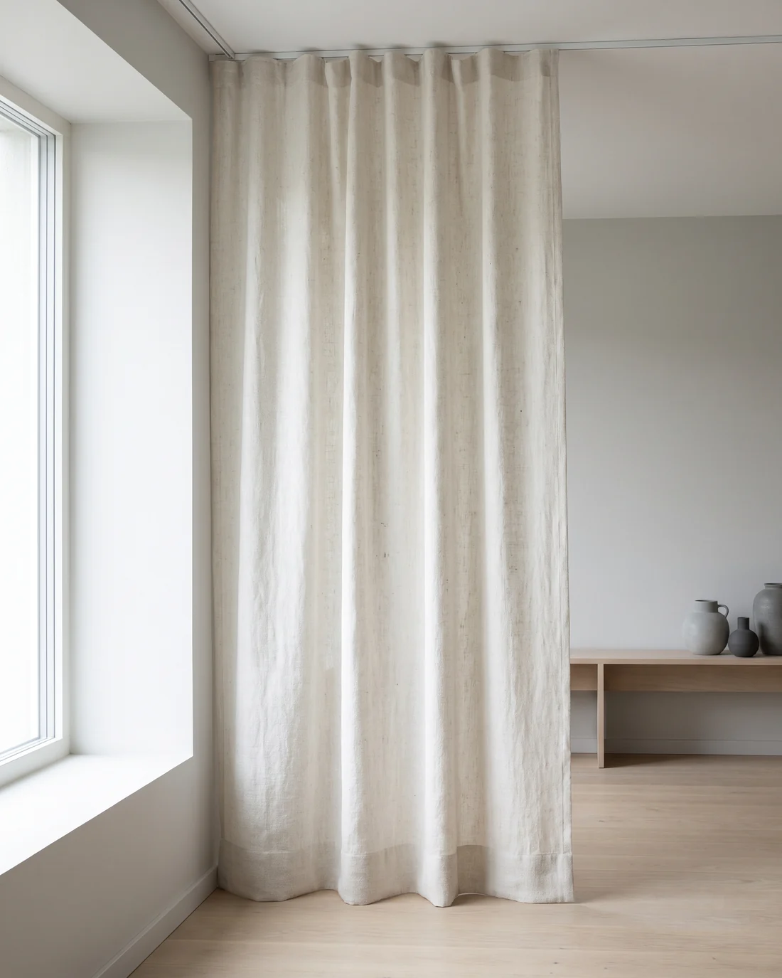 The weave of a linen curtain in daylight