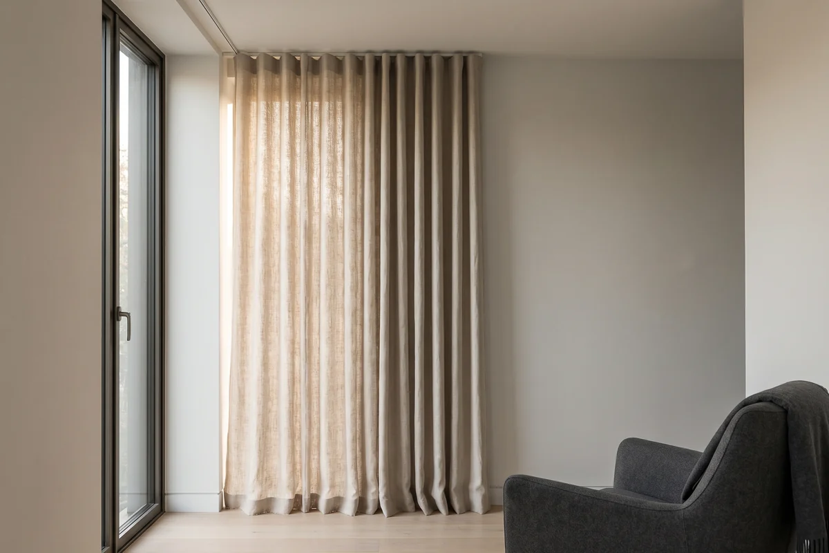 Afternoon sun falling through a linen curtain into a living room
