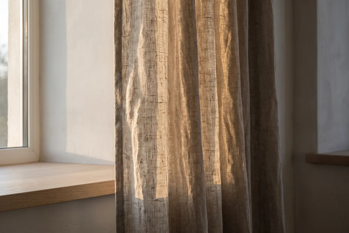 Close view of an oatmeal linen curtain with low sun raking across the weave
