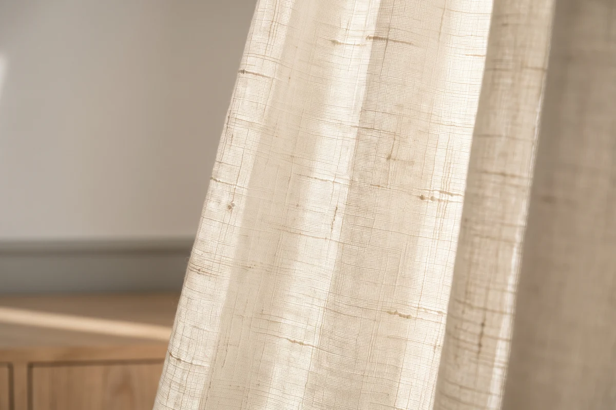 The slubbed, irregular texture of a linen-look sheer fabric