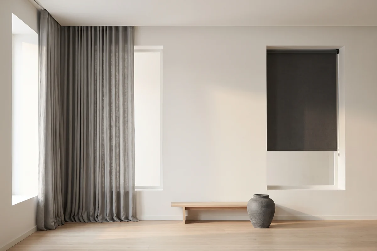 Curtains at one window and a roller blind at the next, in the same living room