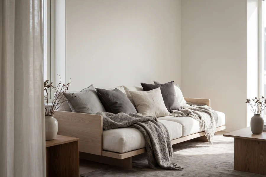 Living room styled with cushions and layered textiles